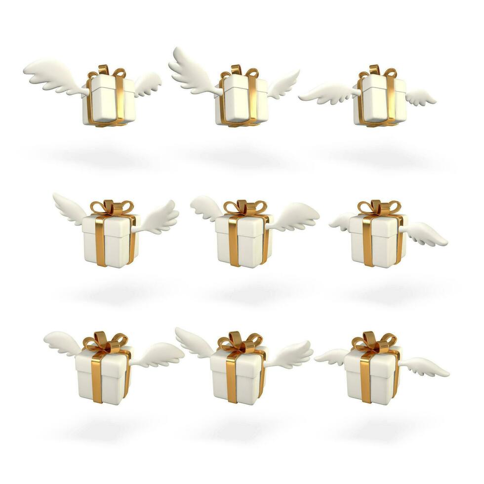 conjunto de nueve 3d volador regalo cajas con alas en blanco antecedentes. decorativo elementos. vector ilustración