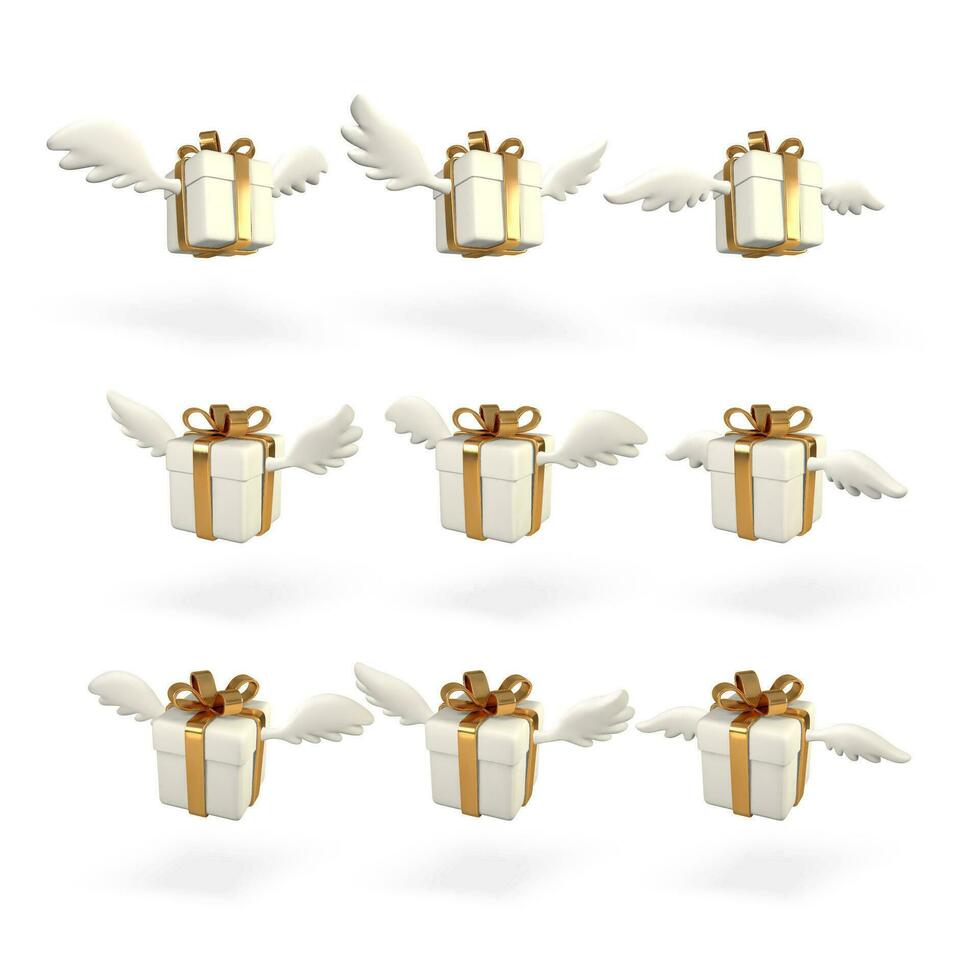 Set of nine 3d flying gift boxes with wings on white background. Decorative elements. Vector illustration