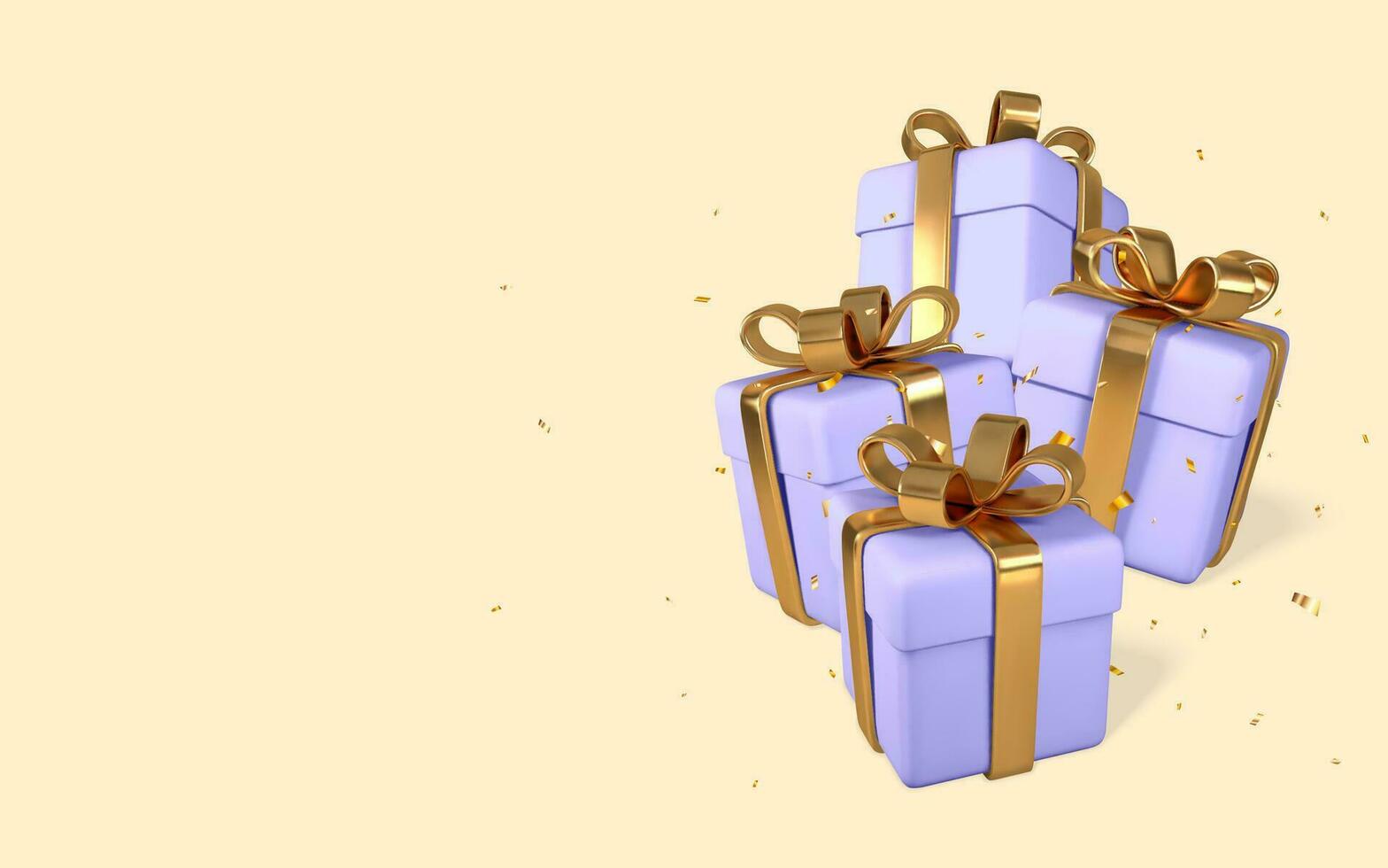 3D realistic light purple gift boxes with golden bow and confetti. Paper boxes with ribbon isolated on light background. Vector illustration