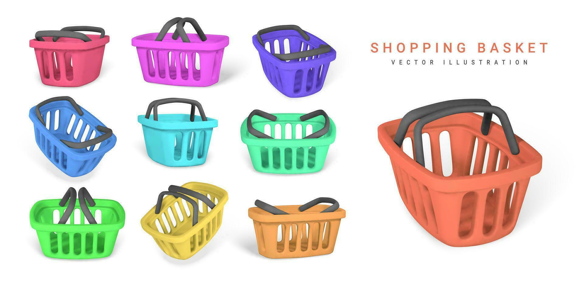 Set of 3d empty colored shopping baskets. Shopping concept. Vector illustration