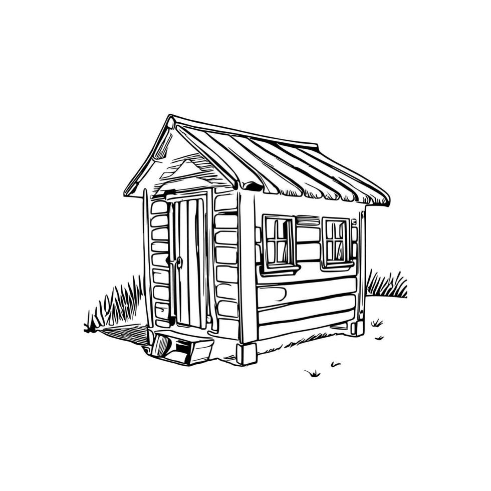 Black and white line art doghouse vector