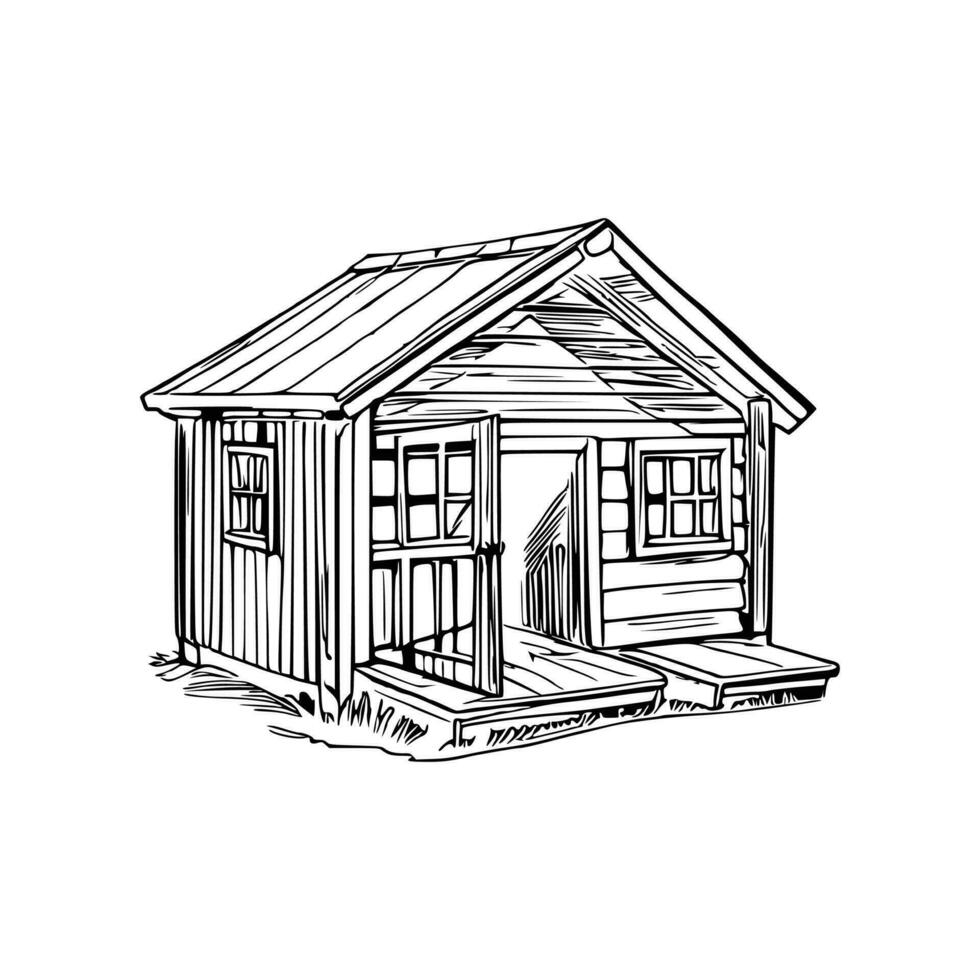 Black and white line art doghouse vector