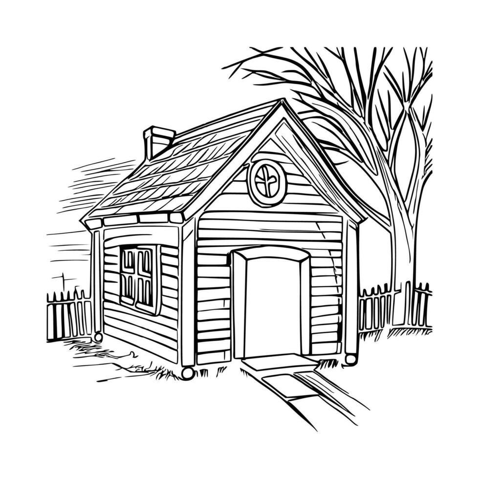 Black and white line art doghouse vector