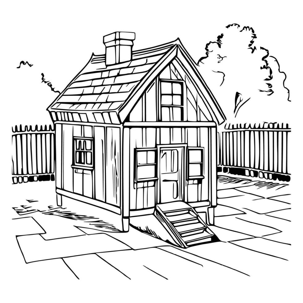 Black and white line art doghouse vector