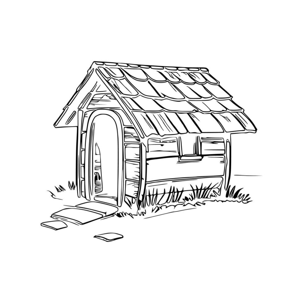 Black and white line art doghouse vector