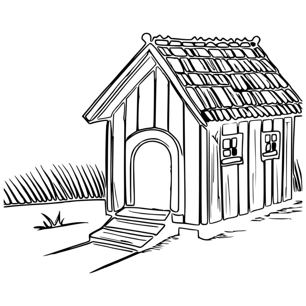 Black and white line art doghouse vector