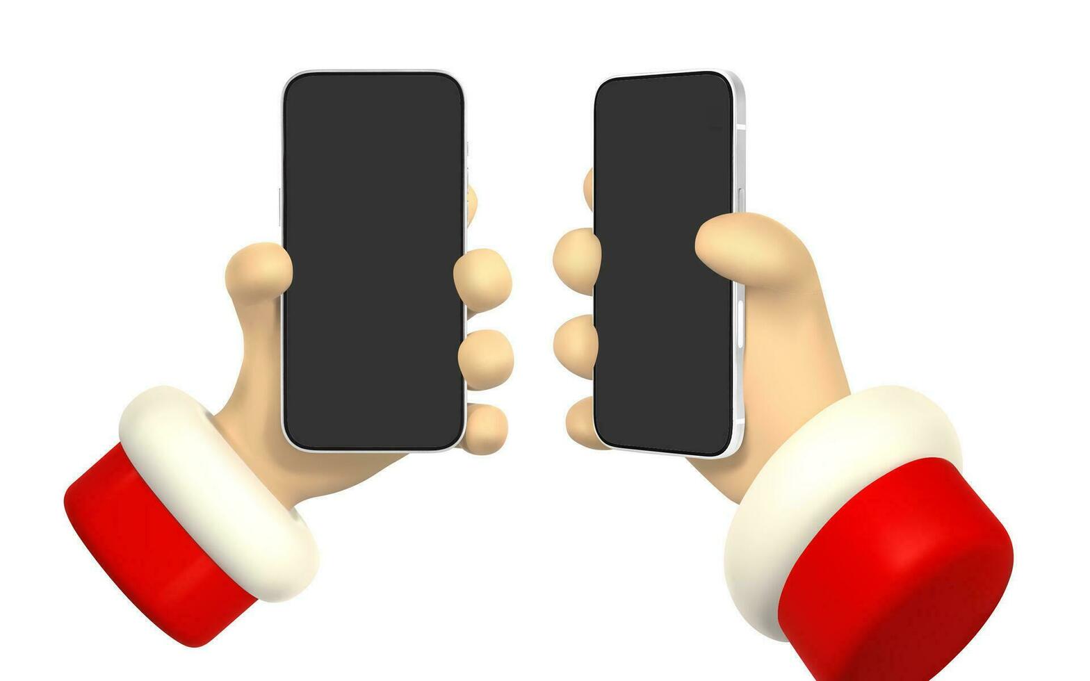 Cartoon character hand with smart phone, scrolling or searching for something. 3d render santa hand. Vector illustration