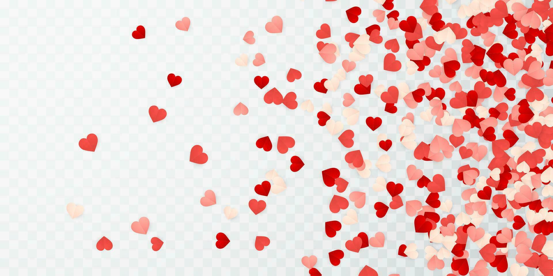 Happy Valentines Day background, paper red, pink and white hearts confetti. Vector illustration