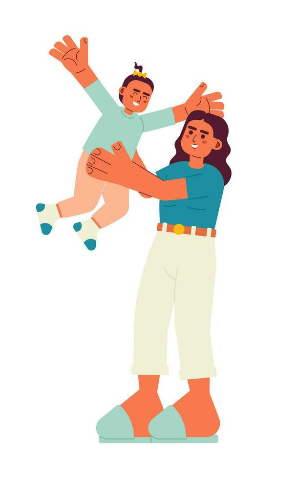 Happy baby and mom flat vector spot illustration. Single mom with child 2D cartoon characters on white for web UI design. Arab mother tossing toddler in air isolated editable creative hero image