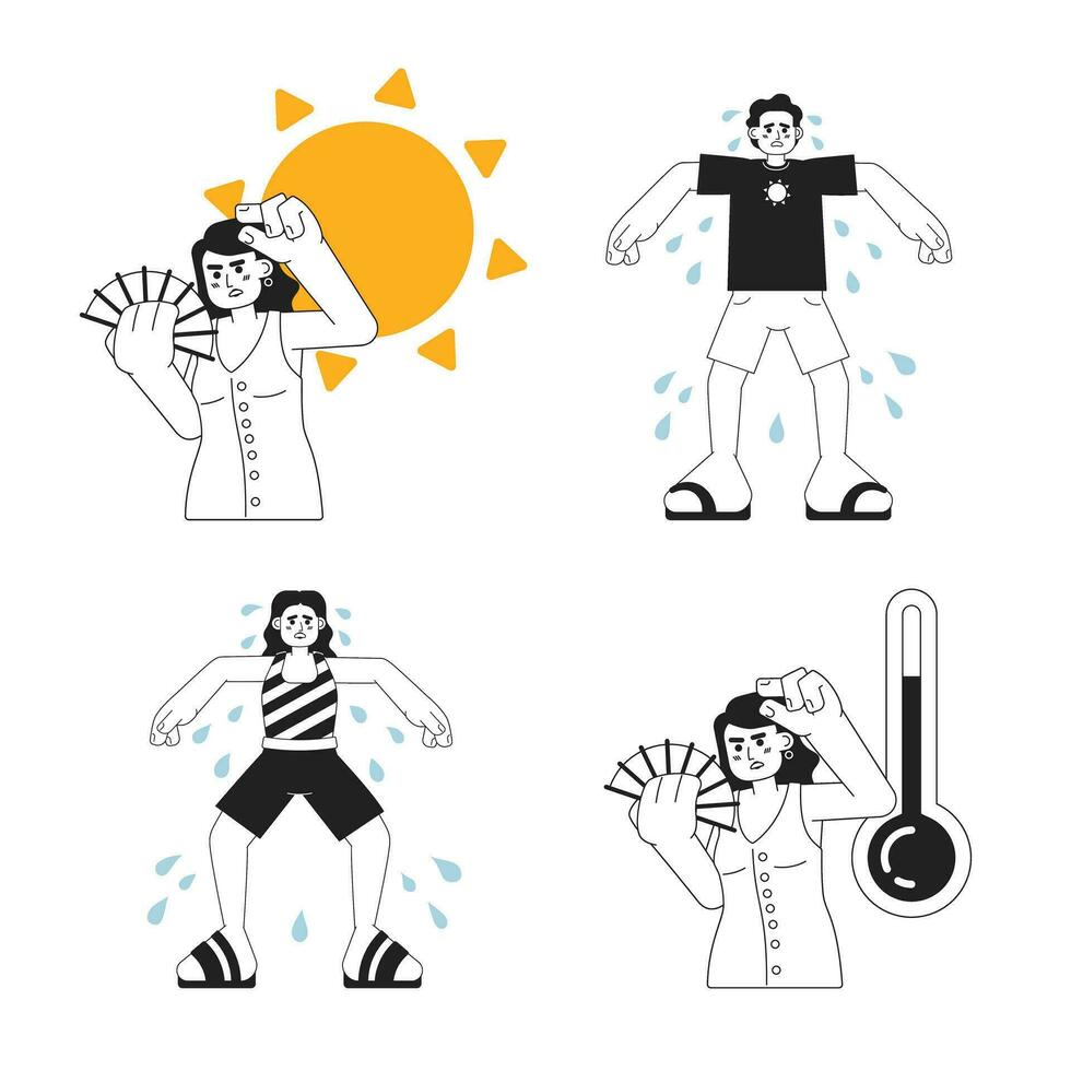 Excessive heat warning monochrome concept vector spot illustration set. People sweating 2D flat bw cartoon characters for web UI design. Hot outside isolated editable hand drawn hero image pack