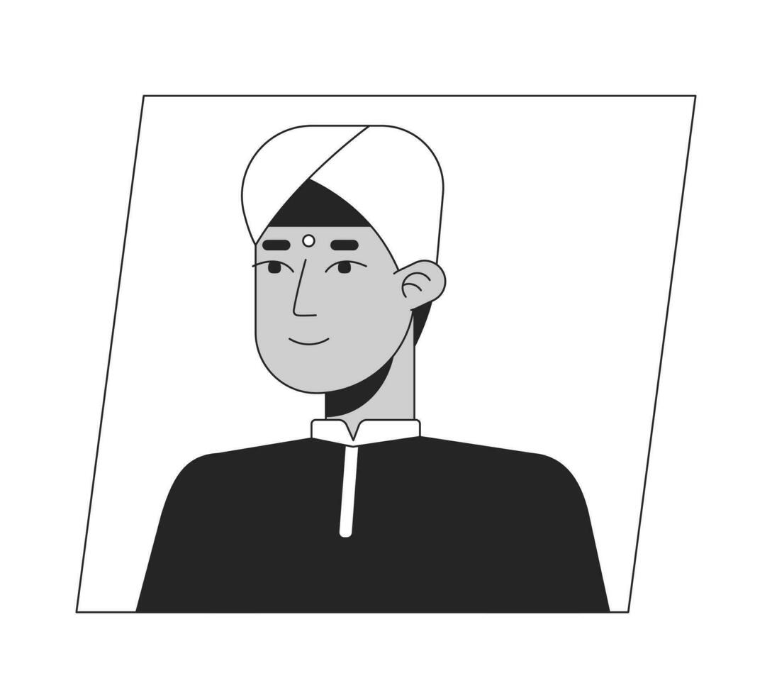 Indian man in turban black white cartoon avatar icon. Editable 2D character user portrait, linear flat illustration. Vector face profile. Outline person head and shoulders