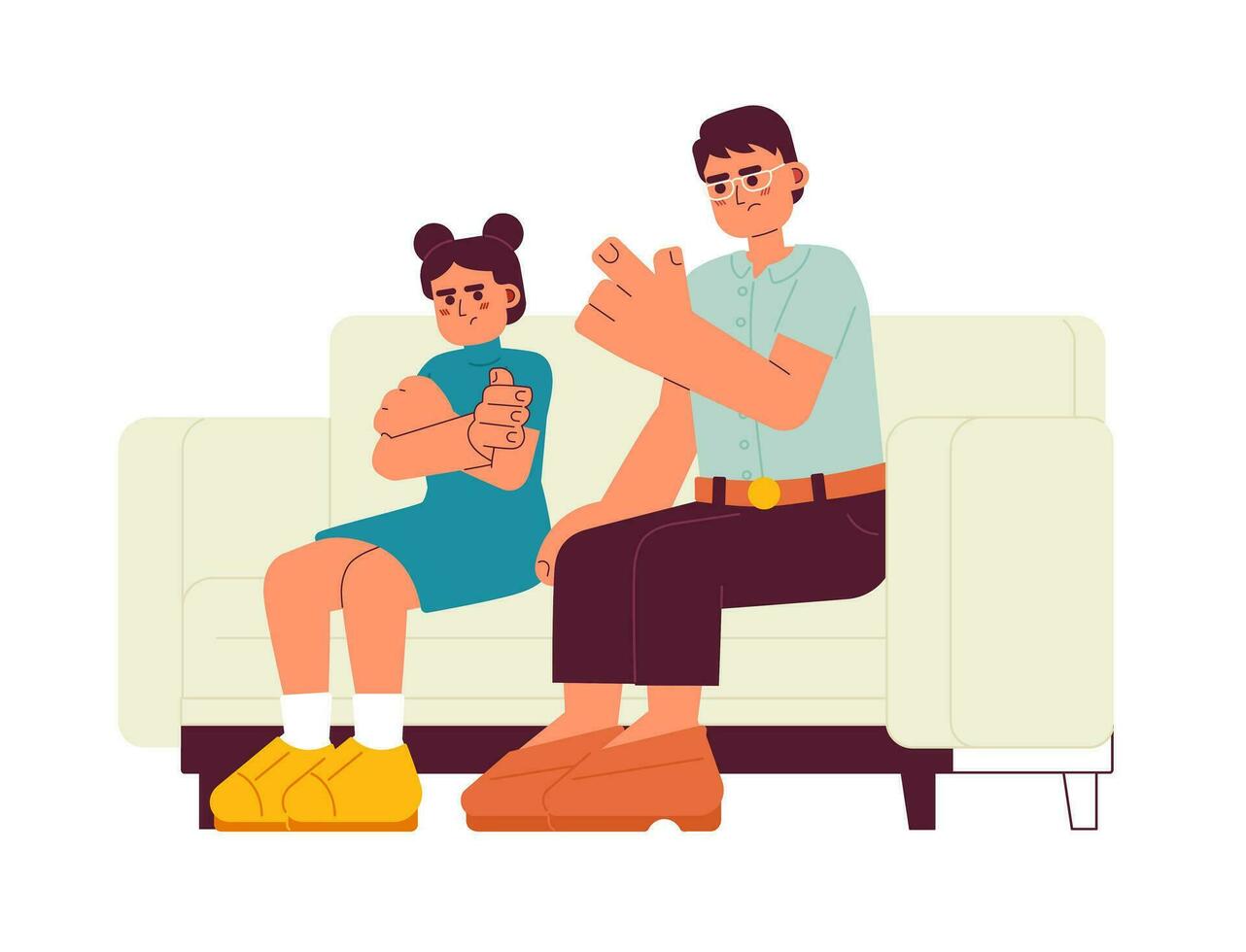 Asian parent scolding child flat vector spot illustration. Korean father disciplining frustrated daughter 2D cartoon characters on white for web UI design. Isolated editable creative hero image