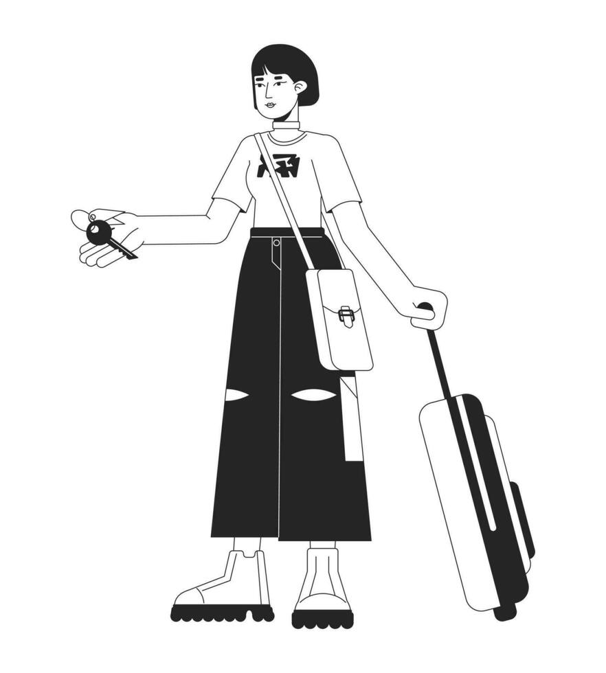 Female traveler holding hotel room key flat line black white vector character. Editable outline full body person. Asian tourist baggage simple cartoon isolated spot illustration for web graphic design