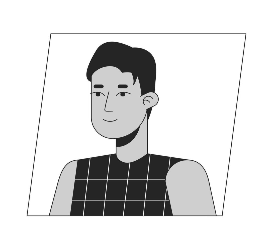 Handsome young adult man black white cartoon avatar icon. Brunette hispanic male. Editable 2D character user portrait, linear flat illustration. Vector face profile. Outline person head and shoulders