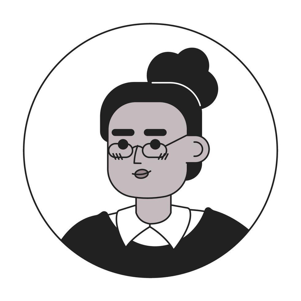 adulto mujer en lentes monocromo plano lineal personaje cabeza. alto bollo peinado. editable contorno mano dibujado humano cara icono. 2d dibujos animados Mancha vector avatar ilustración para animación