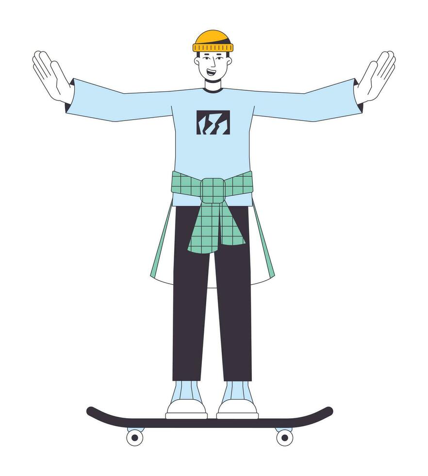 Handsome skater waving flat line color vector character. Editable outline full body young man doing tricks on skateboard on white. Simple cartoon spot illustration for web graphic design