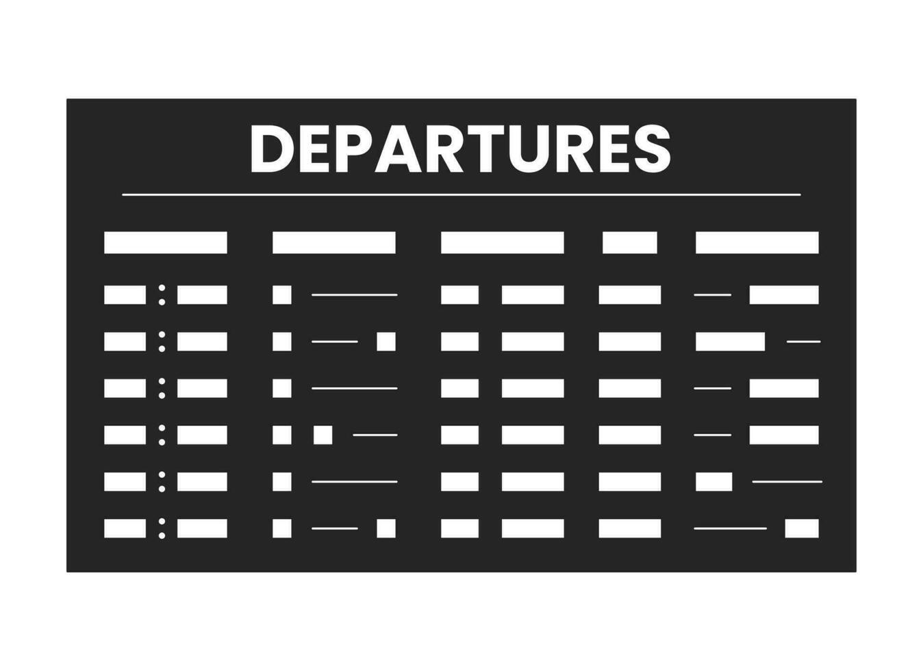 Departure board flat monochrome isolated vector object. Airport timetable. International flight. Editable black and white line art drawing. Simple outline spot illustration for web graphic design