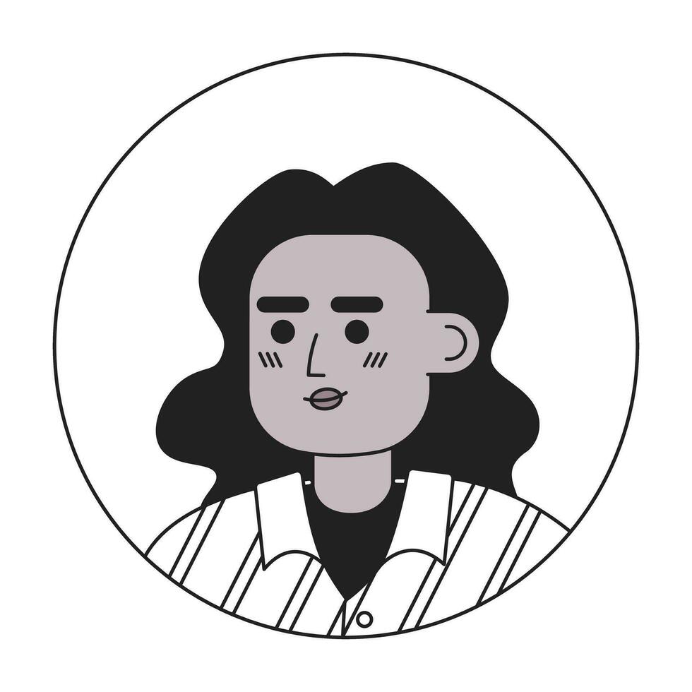 Long haired brunette woman monochrome flat linear character head. African american lady with curly hair. Editable outline hand drawn human face icon. 2D cartoon spot vector avatar illustration