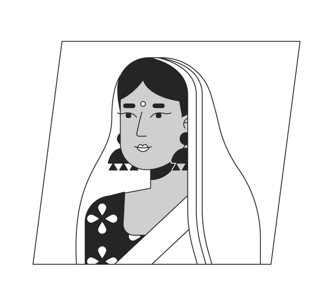 Young indian woman in sari black white cartoon avatar icon. Editable 2D character user portrait, linear flat illustration. Vector face profile. Outline person head and shoulders