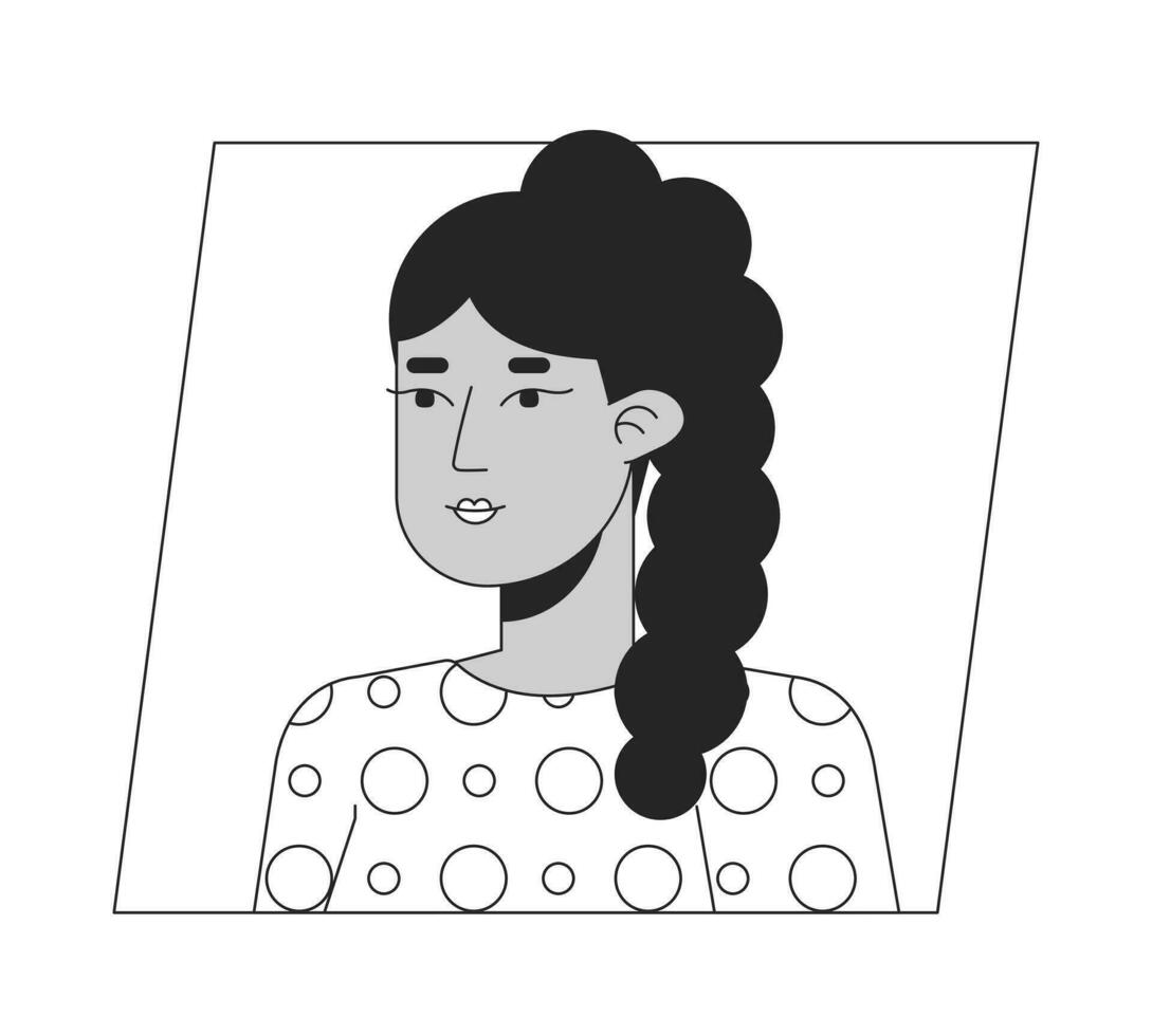 Latinamerican girl with trendy hairstyle black white cartoon avatar icon. Editable 2D character user portrait, linear flat illustration. Vector face profile. Outline person head and shoulders