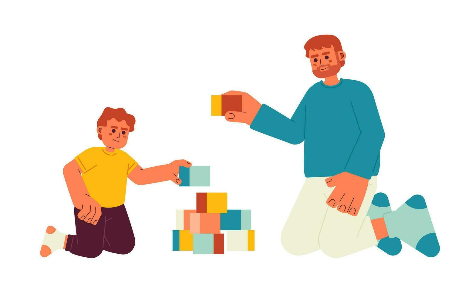 Father and son playing flat vector spot illustration. Toddler boy building pyramid with dad 2D cartoon characters on white for web UI design. Parent child isolated editable creative hero image