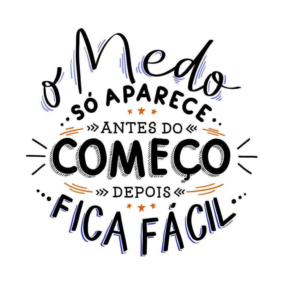 mano letras motivacional frase en brasileño portugués. Traducción - temor solamente aparece antes de el comenzar, luego eso se convierte fácil. vector