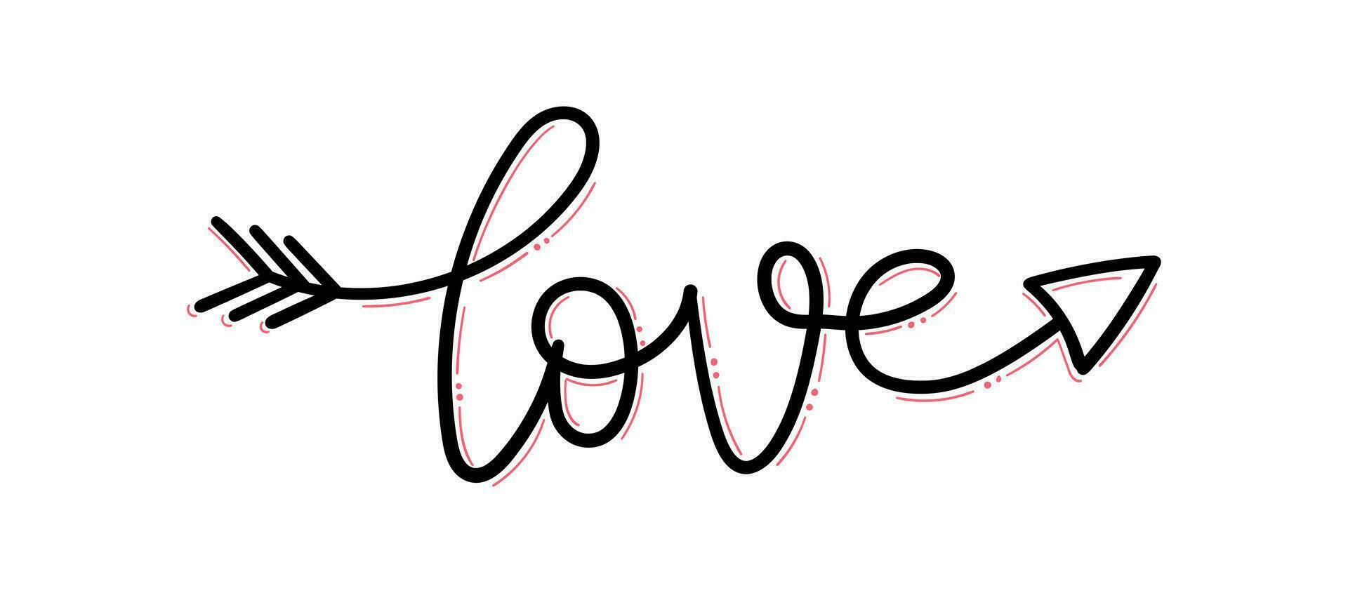 Cursive handwritten Love word arrow with pink adornments. vector