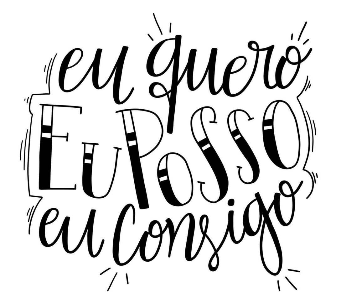 Portuguese motivational lettering phrase. Translation - I want it, I can, I am capable to. vector