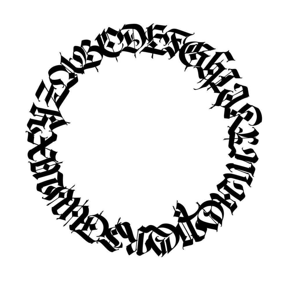 Pattern, ornament in the Gothic style. Vector. Gothic Old Germanic font. Alphabet. Medieval latin capital letters in a circle. Calligraphy and lettering. Design for fabrics and packaging. vector