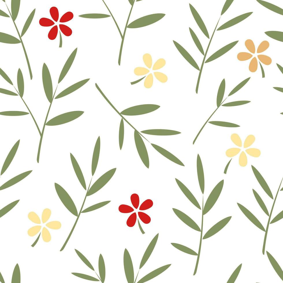 Small flowers with green leaves and twigs on a white background. Floral repeating background. Seamless cute pattern for textile. Vector. vector