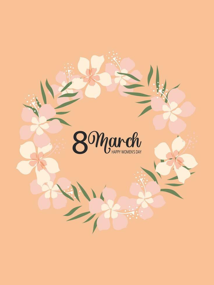 International Women's Day 8 March. Delicate hibiscus flowers create a round frame, wreath on a pink vertical background. Vector. vector