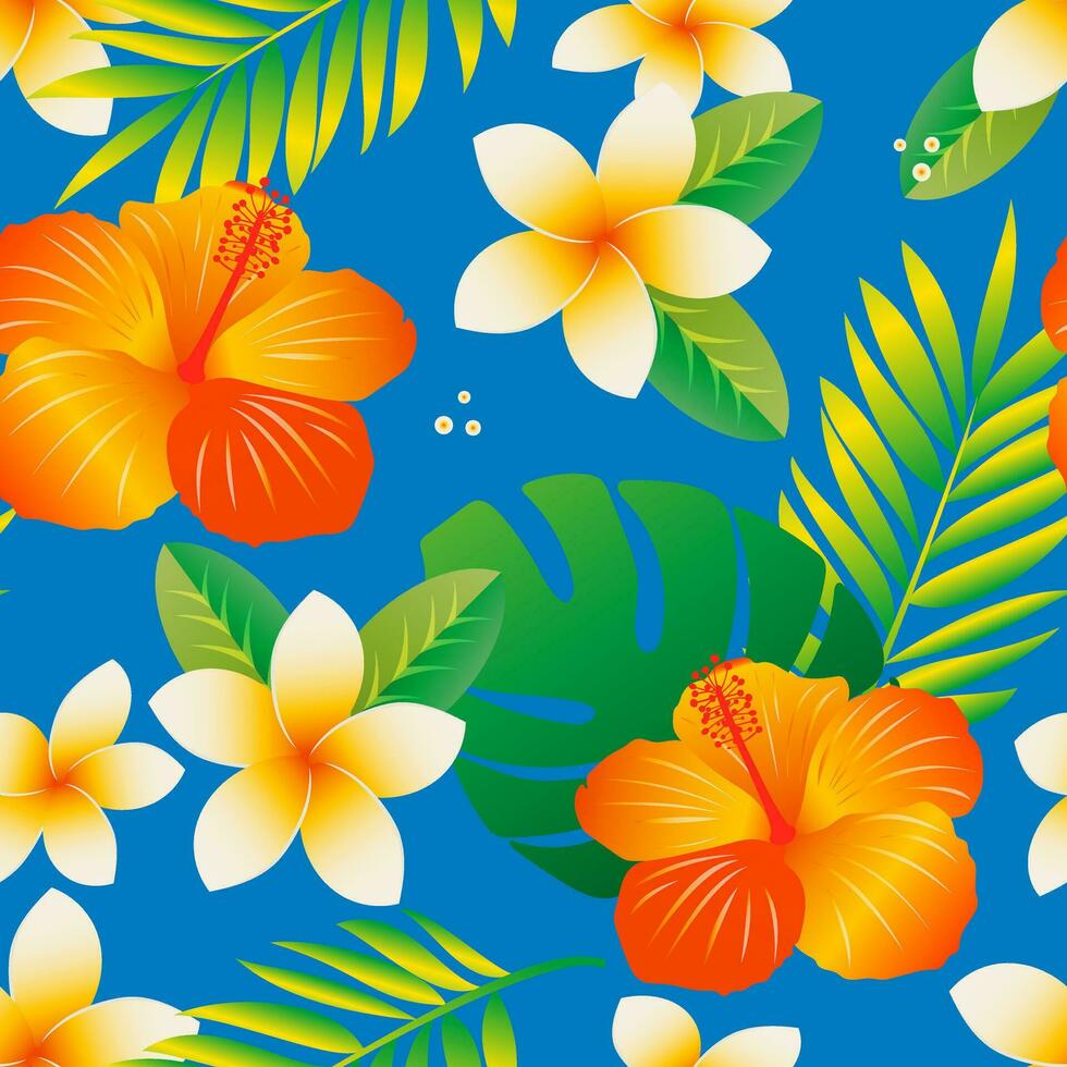 Plumeria and hibiscus. Tropical flowers and leaves on a blue background. Seamless cute pattern with exotic plants. Vector. vector