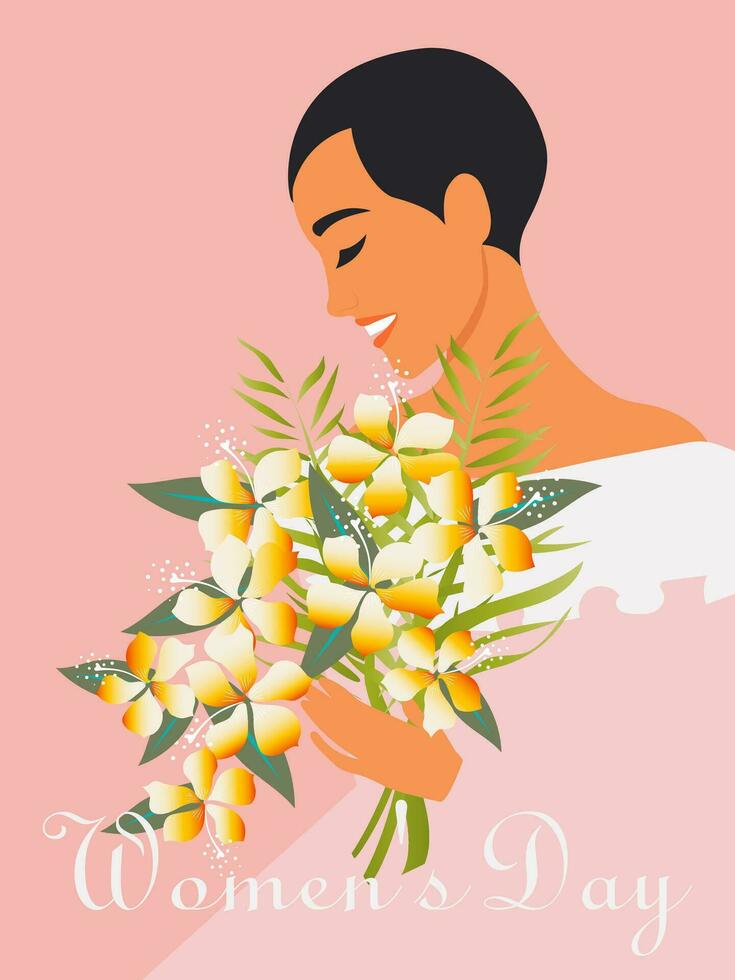 Women's Day. A happy woman with a short haircut holds a bouquet of flowers in her hands. Vertical pink girly poster for the spring holiday March 8. Vector. vector