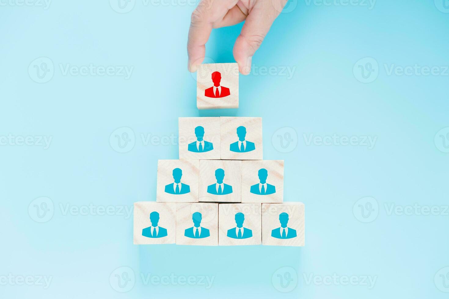 Wood cube block ladder to top, human resource management and recruitment business concept, Business strategy to success. Human resources management and recruitment business build team concept. photo