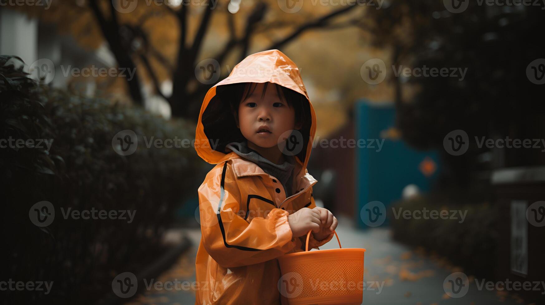 Asian boy dressed in orange costume for trick or treat. photo