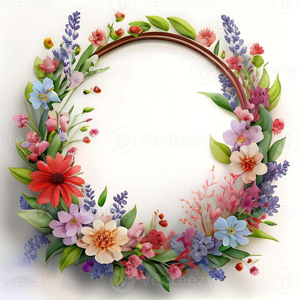 Floral round frame of wild pink flowers, photo