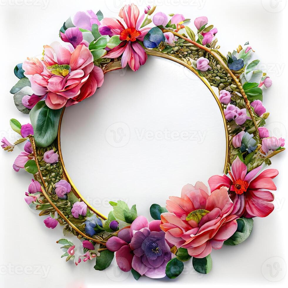 Floral round frame of wild pink flowers, photo