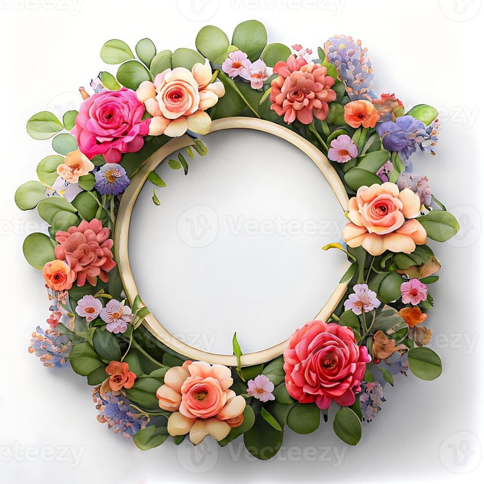 Floral round frame of wild pink flowers, photo