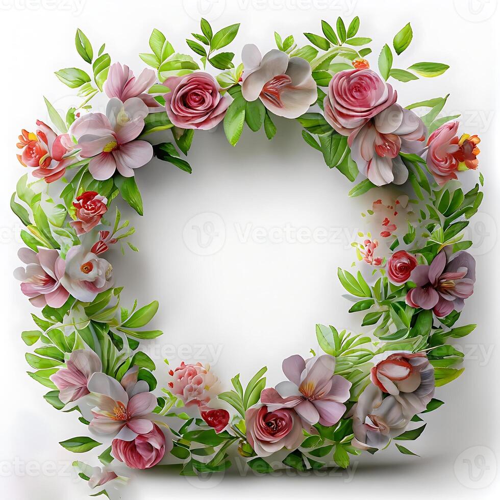 Floral round frame of wild pink flowers, photo