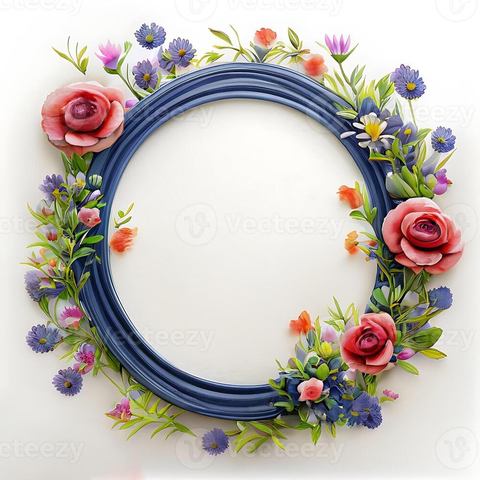 Floral round frame of wild pink flowers, photo