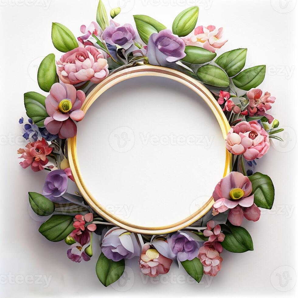 Floral round frame of wild pink flowers, photo