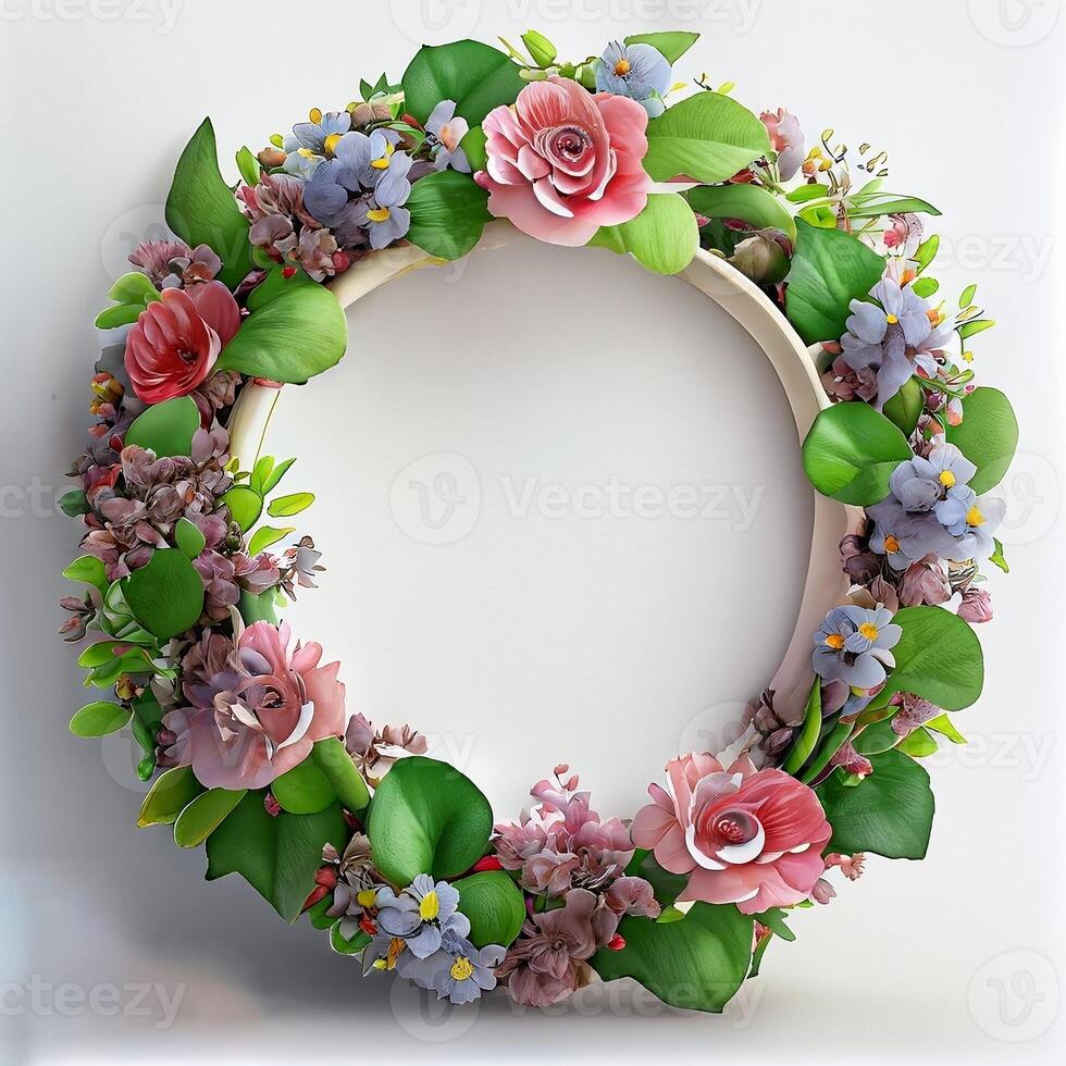 Floral round frame of wild pink flowers, photo