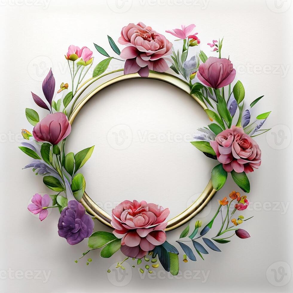Floral round frame of wild pink flowers, photo