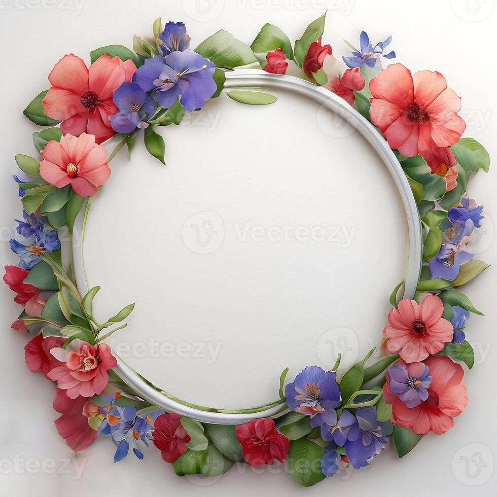 Floral round frame of wild pink flowers, photo
