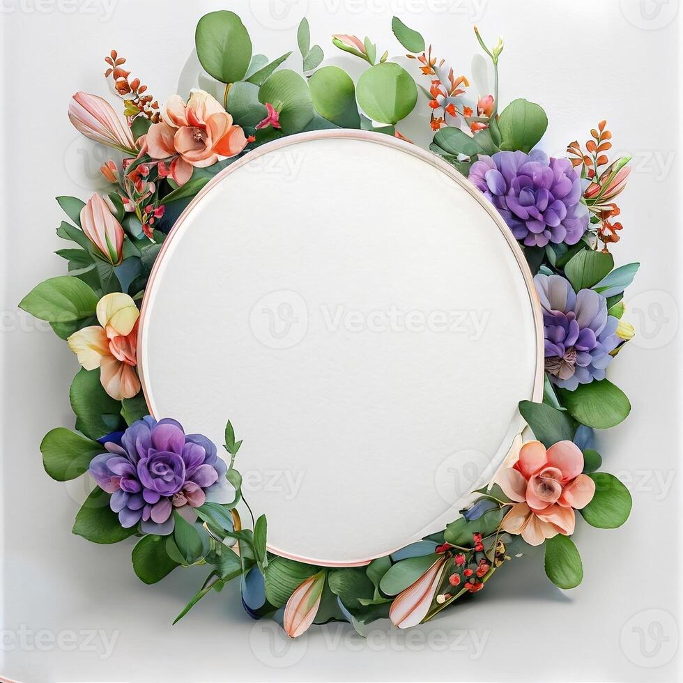 Floral round frame of wild pink flowers, photo