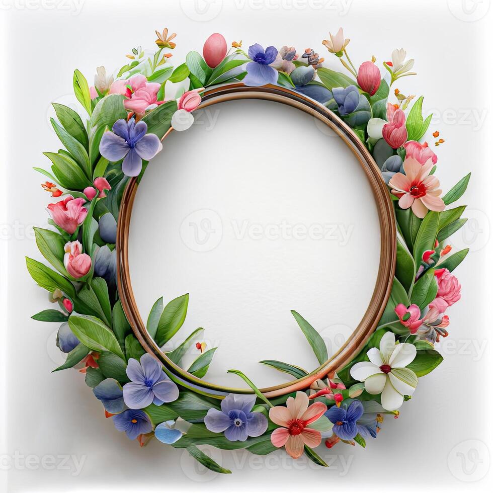 Floral round frame of wild pink flowers, photo