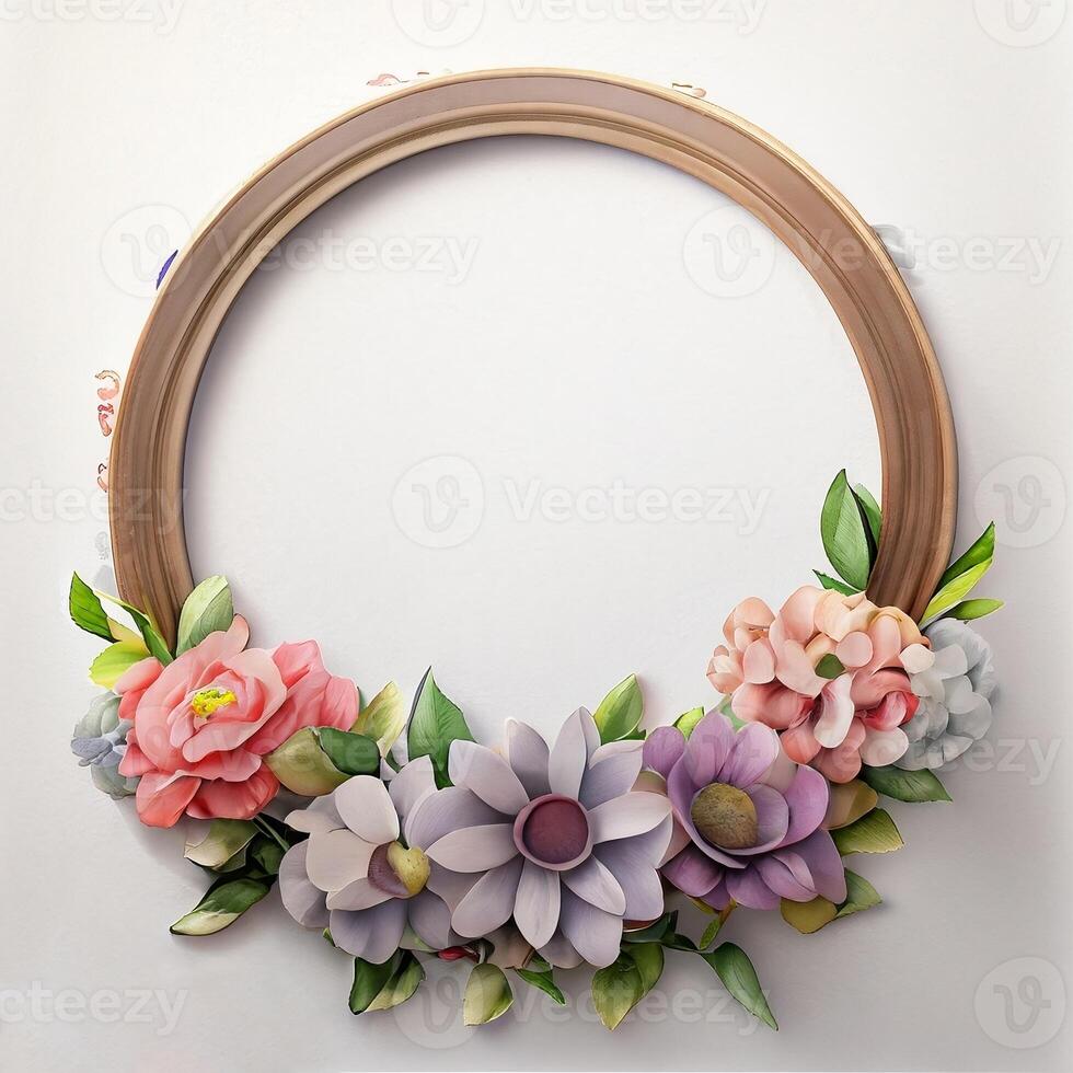 Floral round frame of wild pink flowers, photo
