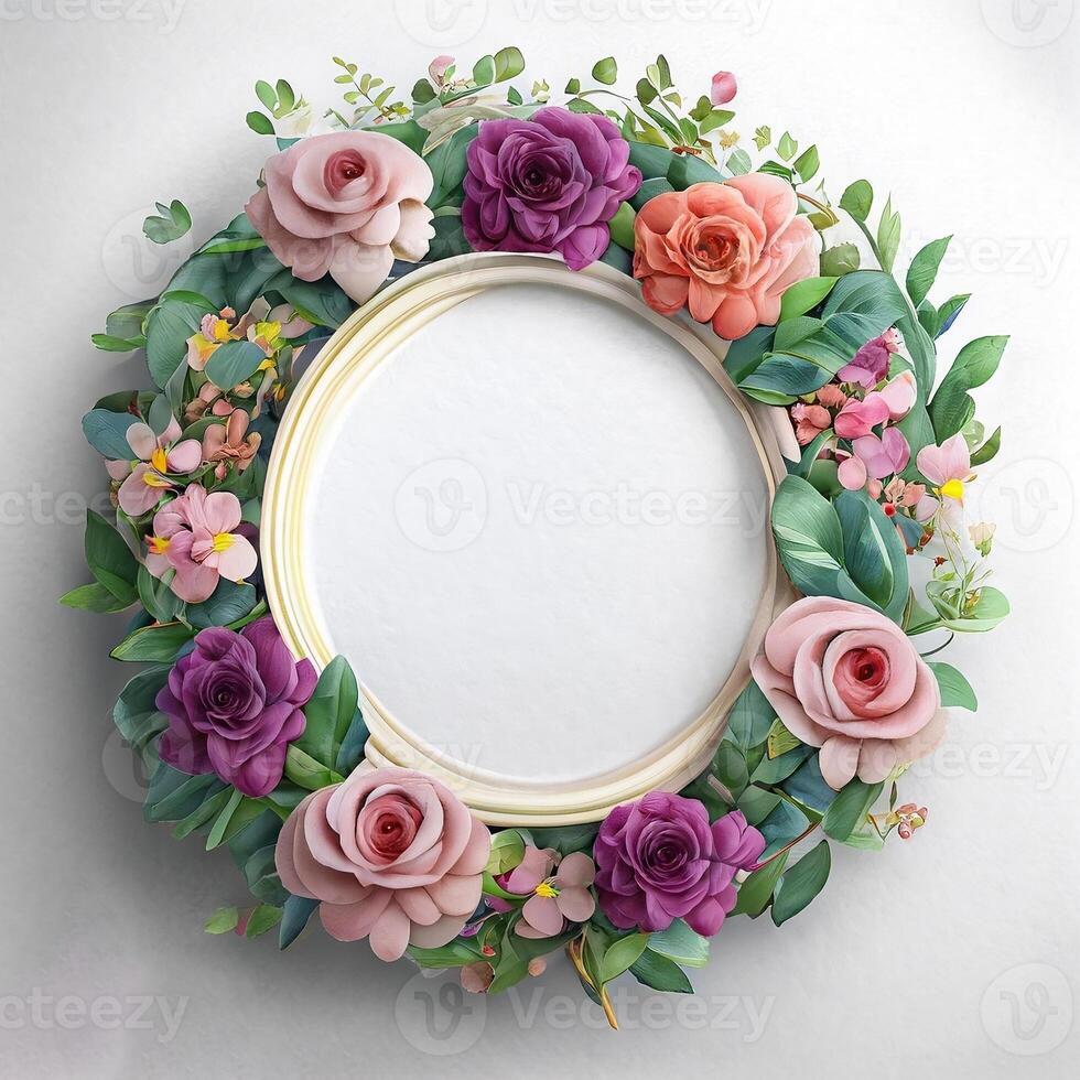 Floral round frame of wild pink flowers, photo
