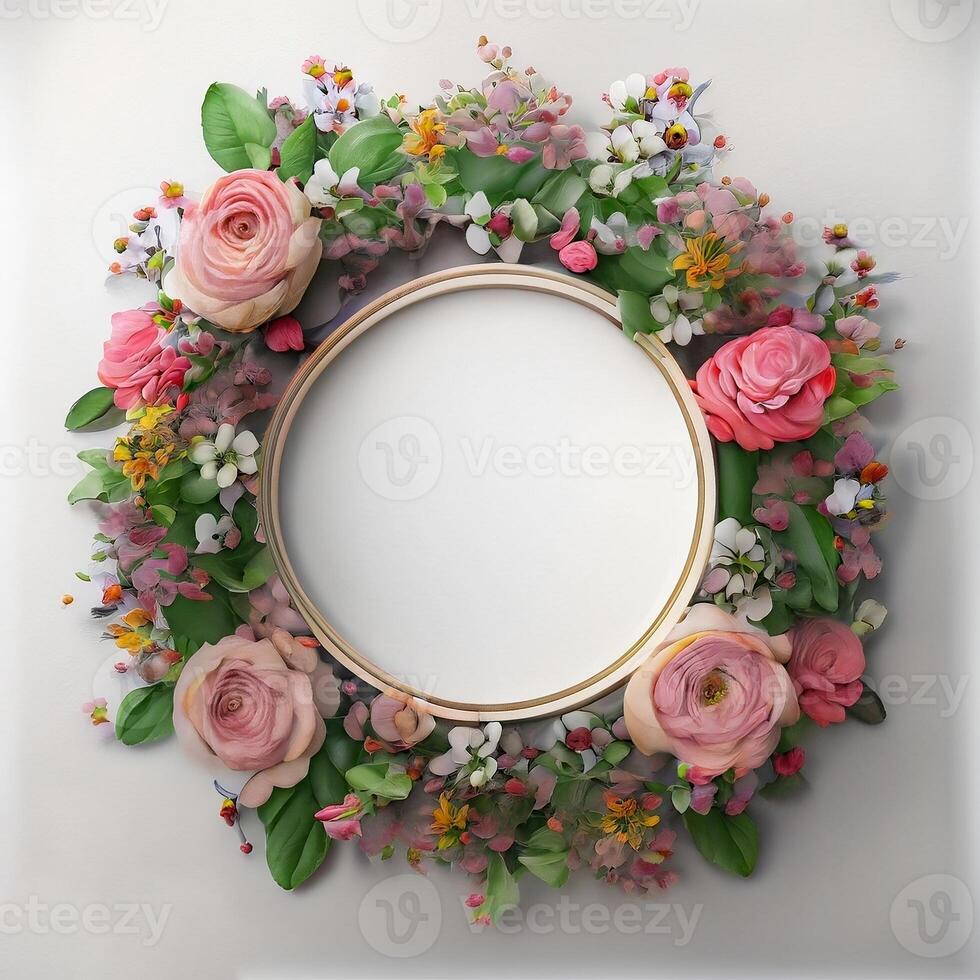 Floral round frame of wild pink flowers, photo