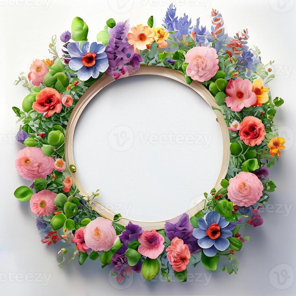Floral round frame of wild pink flowers, photo